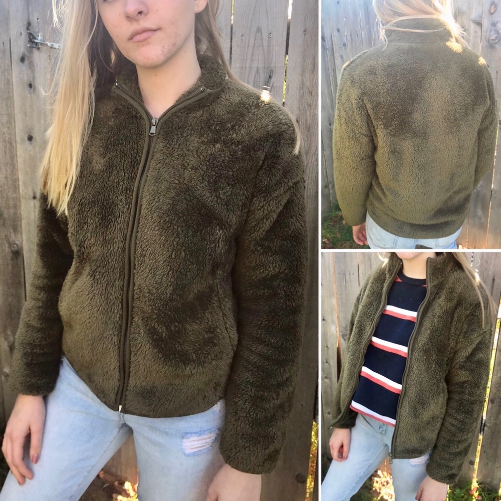 Forever 21 Olive Green Fuzzy Zip-up